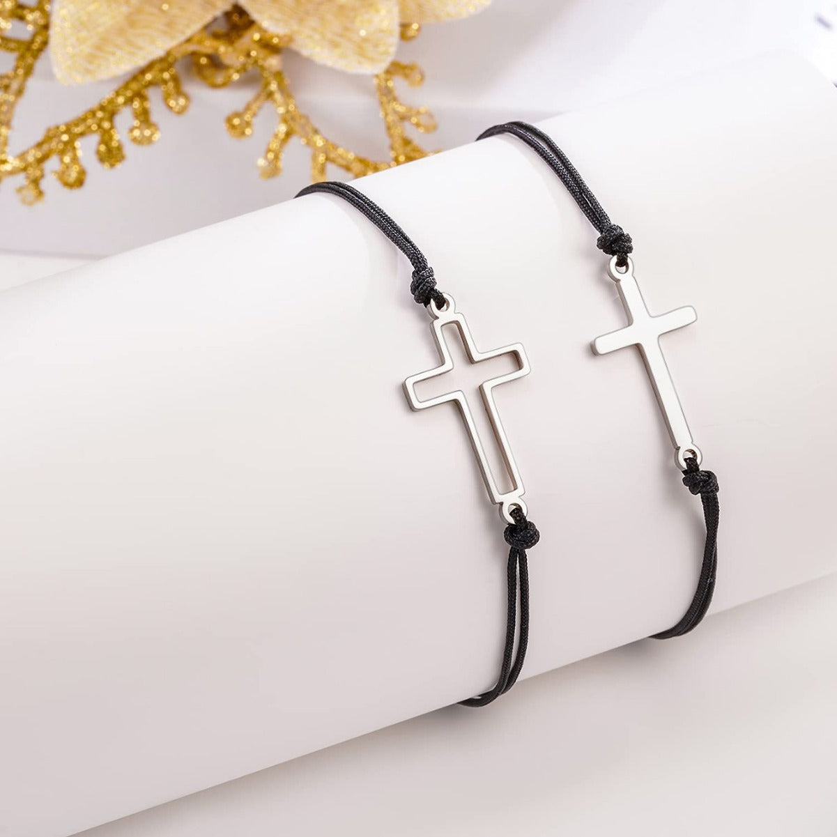 Minimalist Stainless Steel Cross Charm Bracelet Unisex Handmade Woven Cord