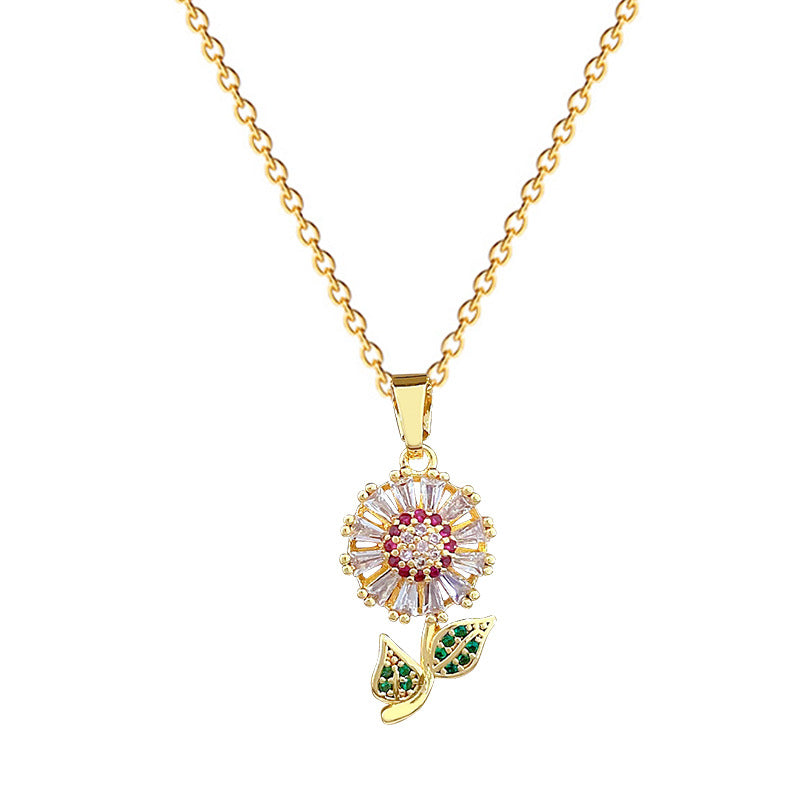 Sweet Luxury Colorful Floral Geometric Cubic Zirconia Titanium Steel Necklace for Unisex