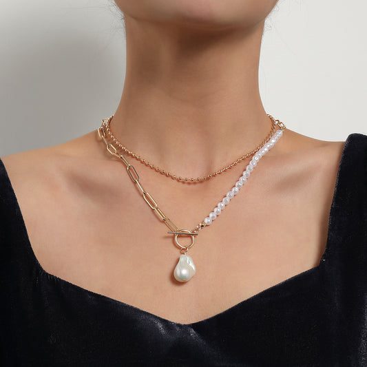 Collar corto con colgante geométrico para mujer, cadena de aleación con bola y nácar incrustado