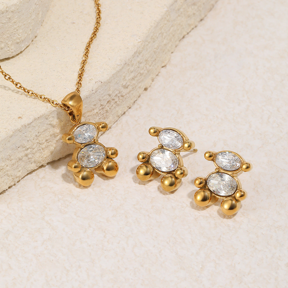 Casual 18K Gold Plated Stainless Steel Bear Cubic Zirconia Pendant Necklace for Women