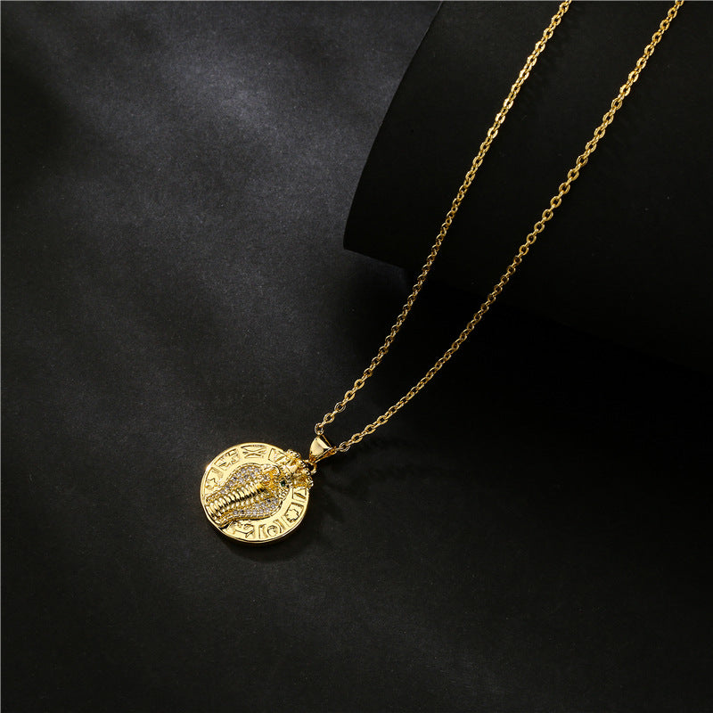 Vintage Punk Geometric Brass Micro-inlay Cobra King Pendant Necklace with Box Chain