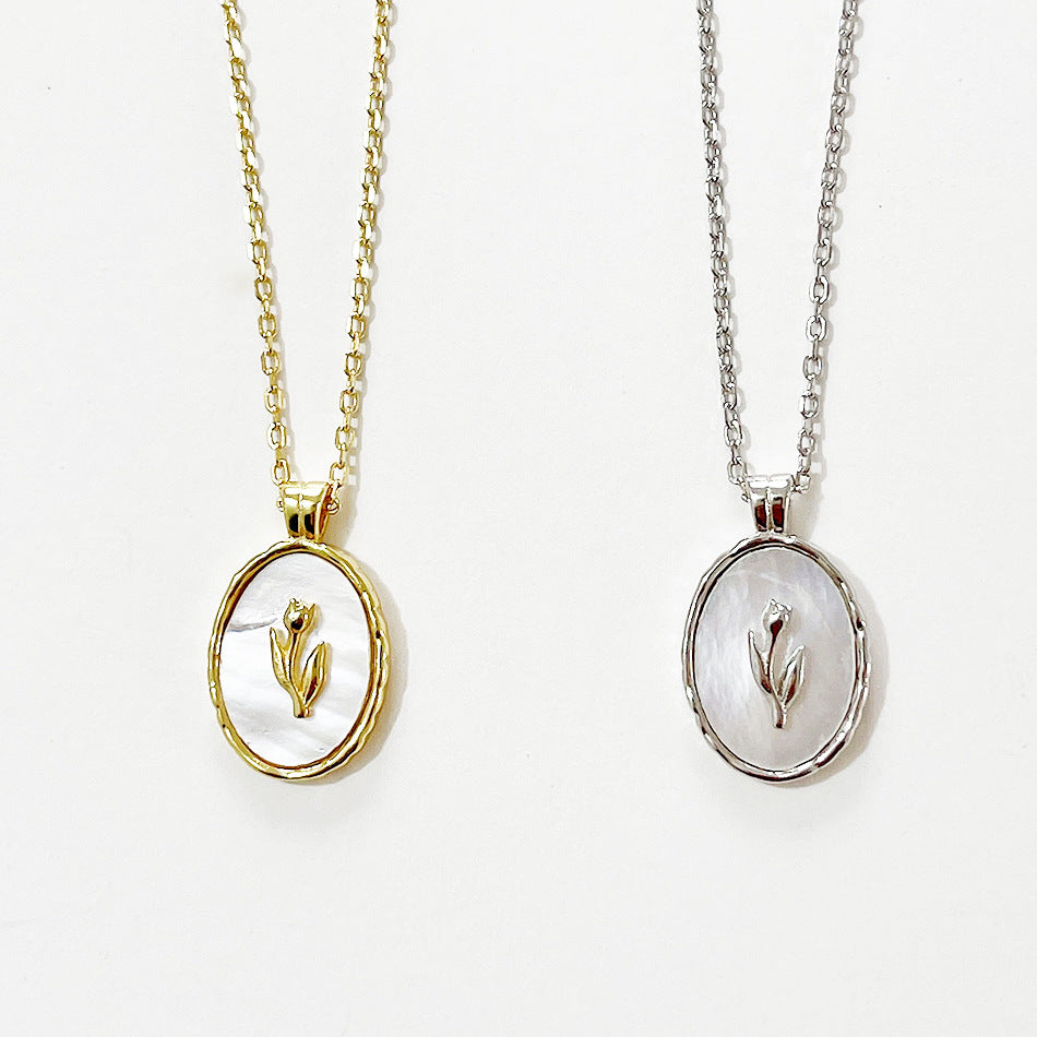 Minimalist Geometric Oval Tulip Shell Pendant Necklace in 925 Sterling Silver with Beaded Chain