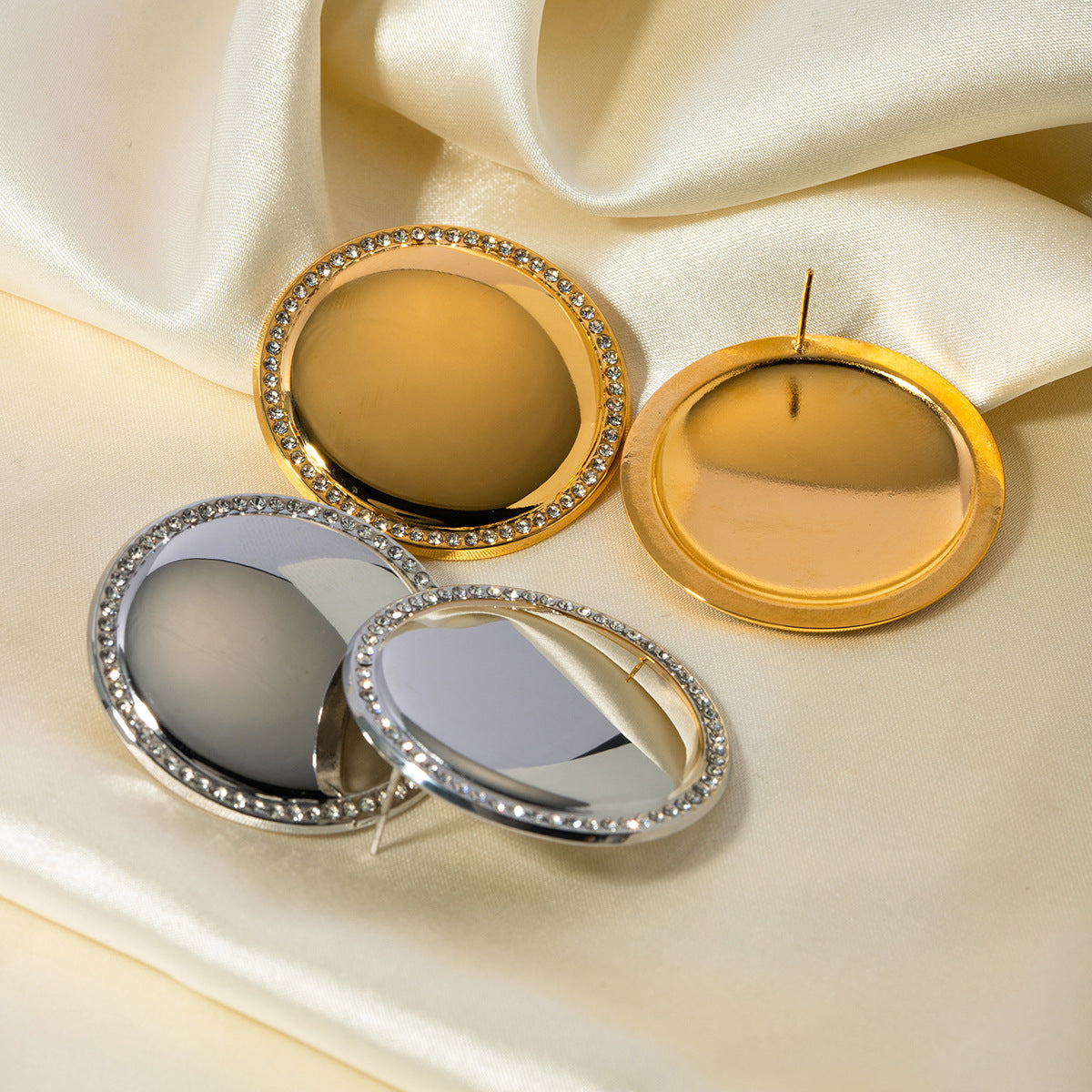 Trendy Geometric Round Disc Earrings 18K Gold Plated Stainless Steel Rhinestone Inlay for Women