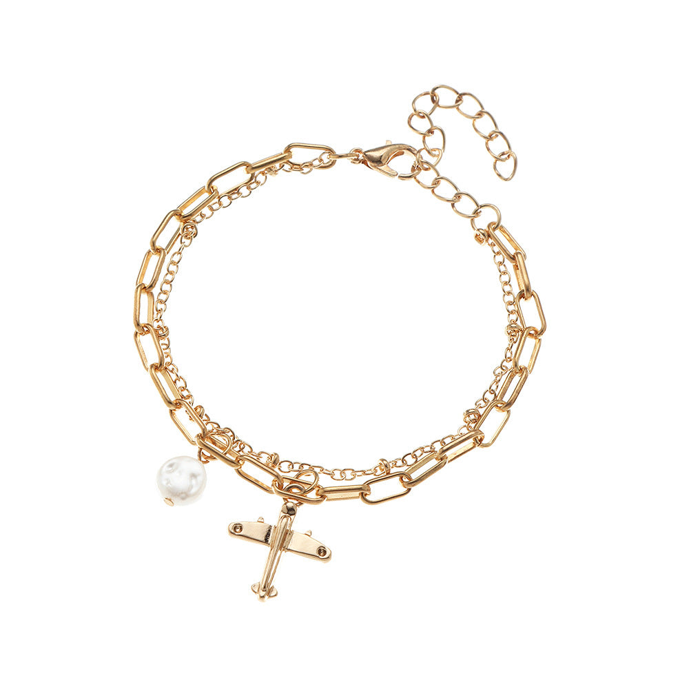 Bracciale doppio strato con ciondolo aereo geometrico per bambini, in lega placcata con strass