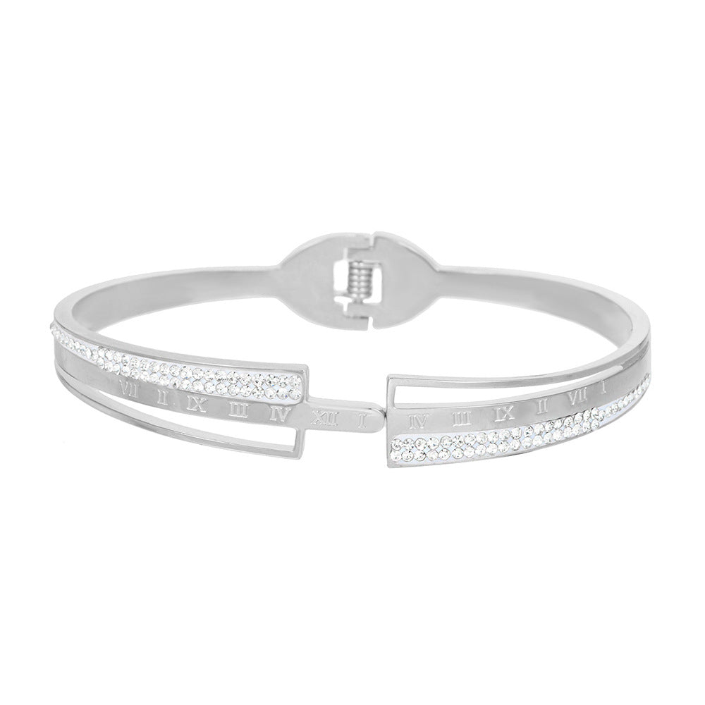 Minimalist Titanium Steel Rhinestone Inlay Geometric Round Letter Number Hollow Spring Cuff Bracelet