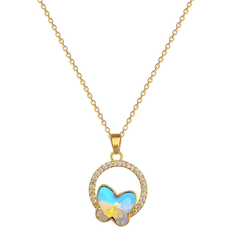 Minimalist Butterfly Pendant Necklace in Titanium Steel with Rhinestone Inlay for Women and Men
