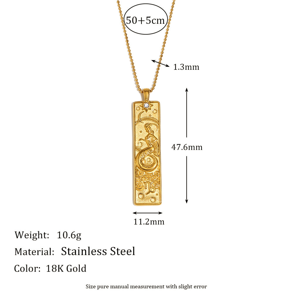 Vintage Geometric Zodiac Pendant Necklace for Women Stainless Steel with 18K Gold Plating Square Charm