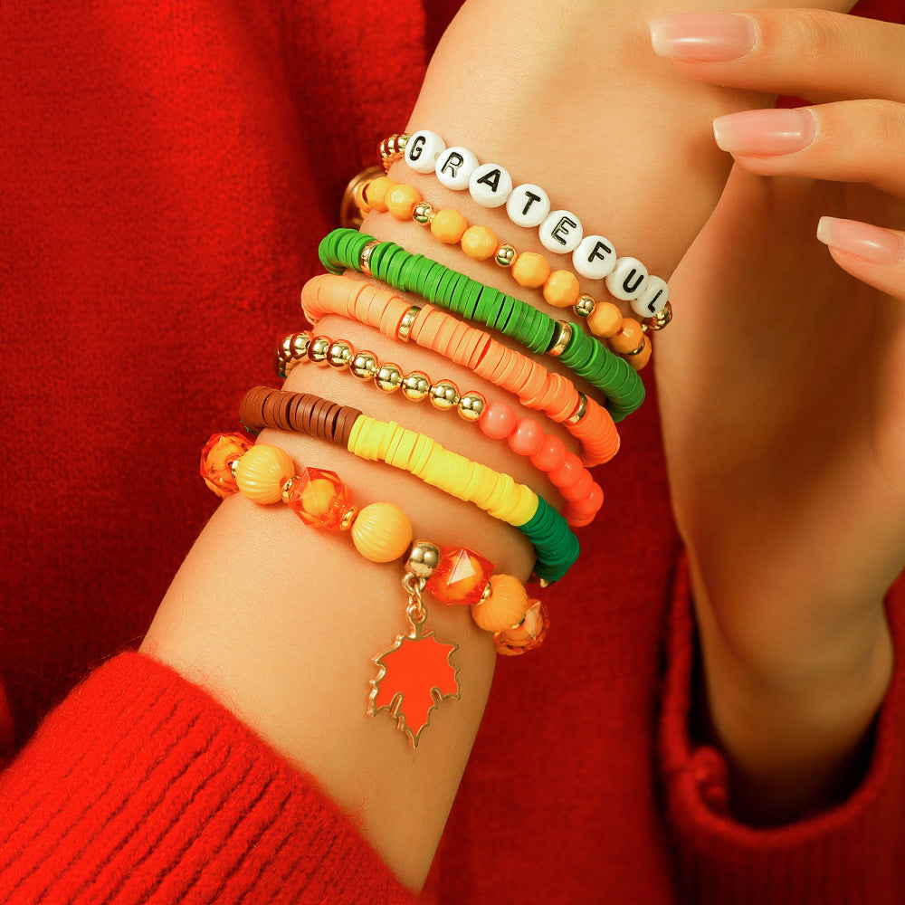Geometric Resin Brass Acrylic Bracelet Set with Turkey Maple Leaf Pumpkin Letter Charms