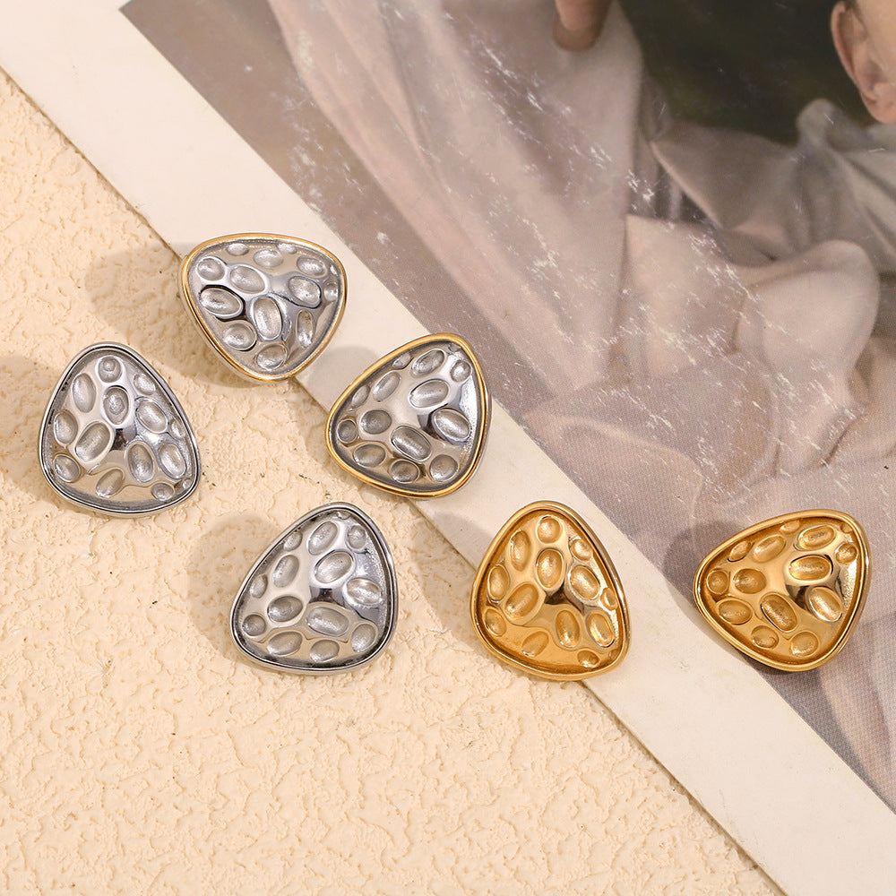 Fashionable Geometric Irregular Triangle Hammered Texture Stainless Steel Earrings with 18K Gold Plating for Women