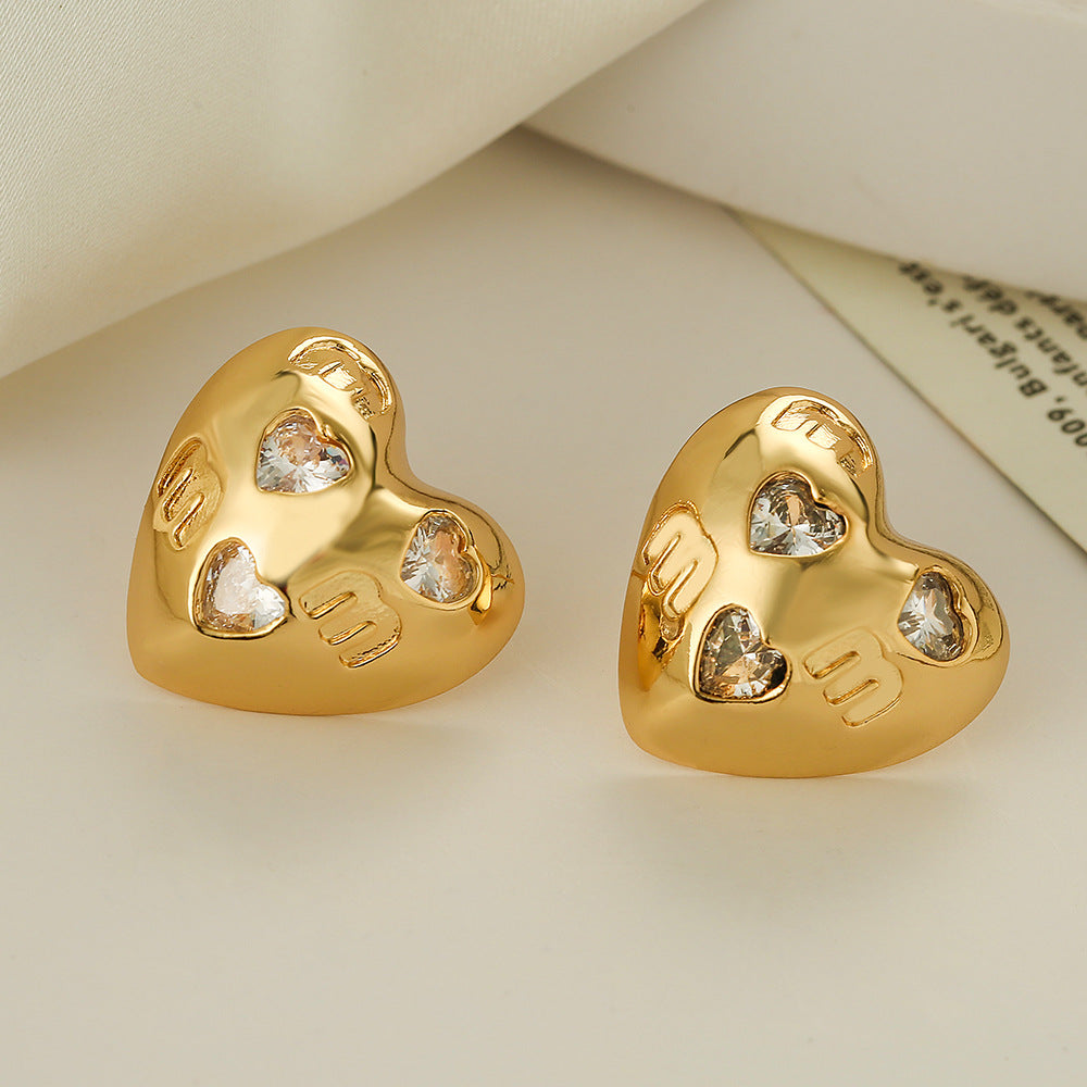 Fashionable Heart-Shaped Copper Earrings with Real Gold Plating and Zircon Inlay for Women
