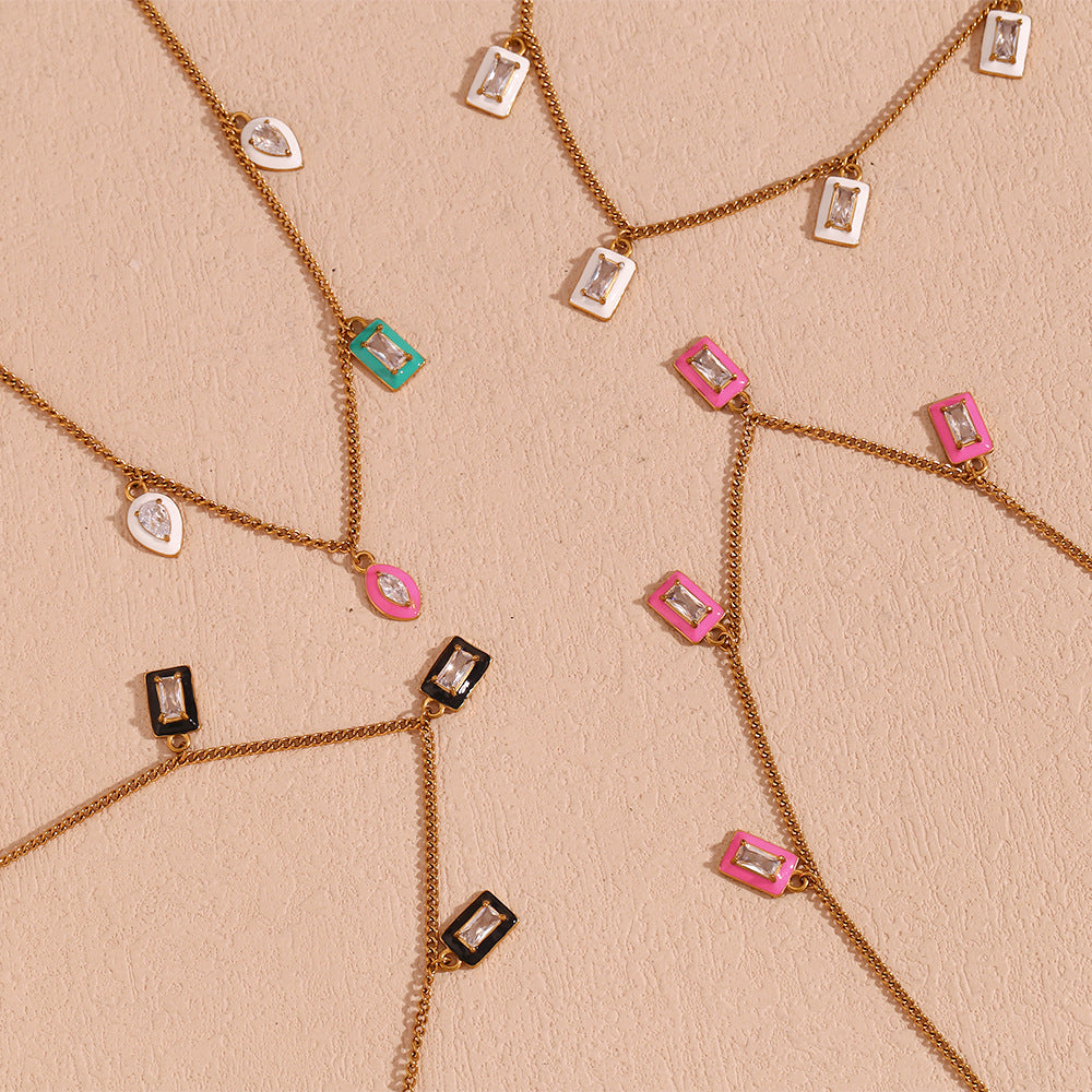 Fashionable Geometric Rectangular Stainless Steel Gold-Plated Pendant Necklace with Zircon Inlay and Enamel Finish for Women