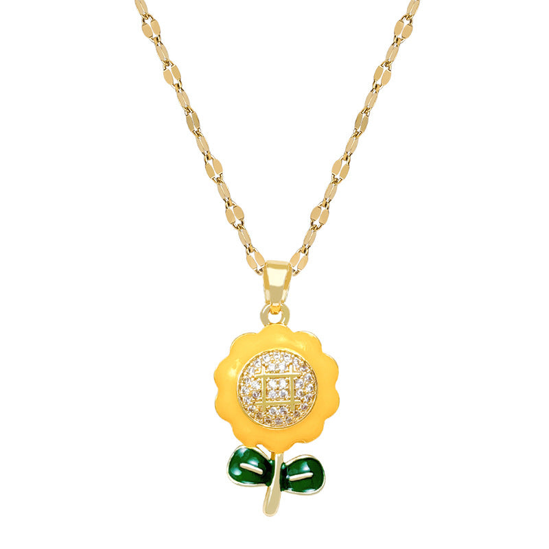Sweet Drip Oil Plant Moon Rhinestone Titanium Steel Necklace Set for Unisex