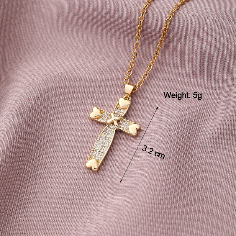 Collar Minimalista de Cobre con Colgante de Cruz e Incrustaciones de Pedrería en Cadena O para Uso Unisex