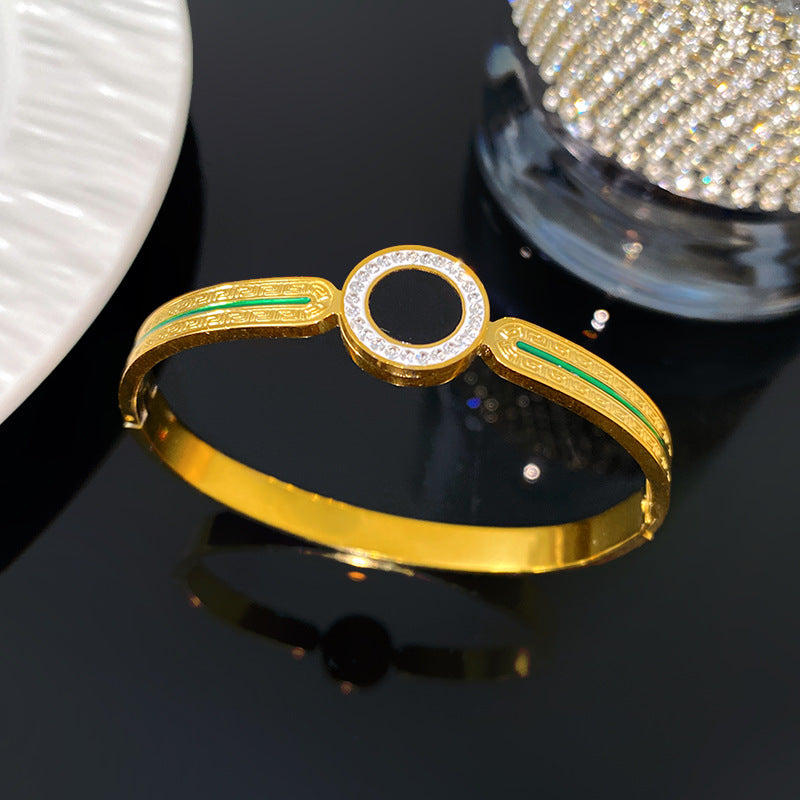 Luxury Vintage Geometric Black Round Square Cubic Zirconia Green Striped Polished Titanium Steel Bracelet