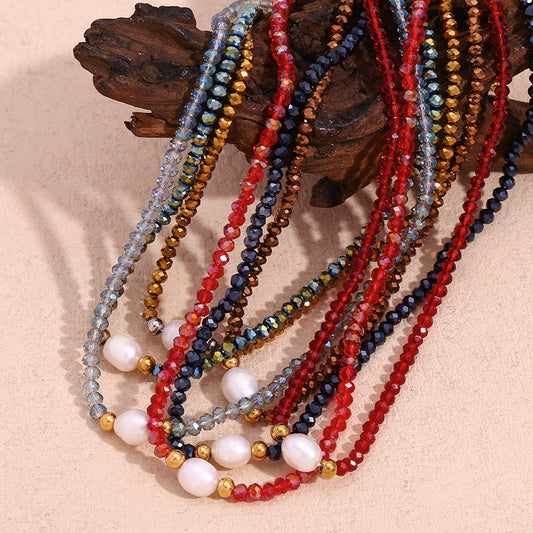 Vintage Minimalist Geometric Stainless Steel Pendant Necklace with Freshwater Pearl and Dark Crystal Beads for Women