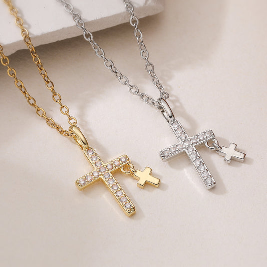 Minimalist Vintage 18K Gold Plated Brass Cross Pendant Necklace with Cubic Zirconia for Women