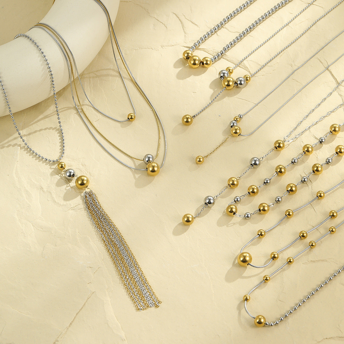 Fashionable OL Style Geometric Bead Necklace with Y-Shape Chain Stainless Steel Plated 18K Gold Tone Locket Necklace for Women