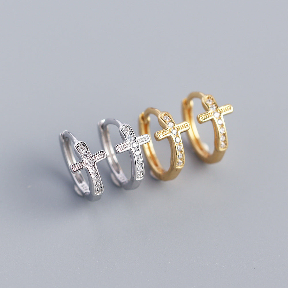 Orecchini a Cerchio da Donna con Croce in Argento Sterling 925 e Zirconi Cubici Incastonati