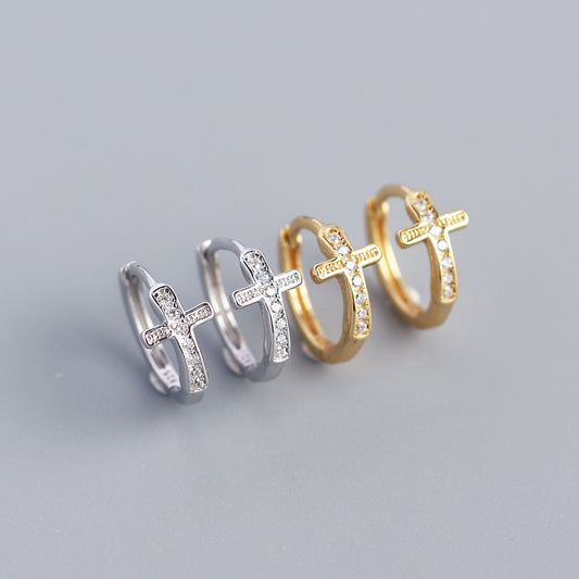 Orecchini a Cerchio da Donna con Croce in Argento Sterling 925 e Zirconi Cubici Incastonati