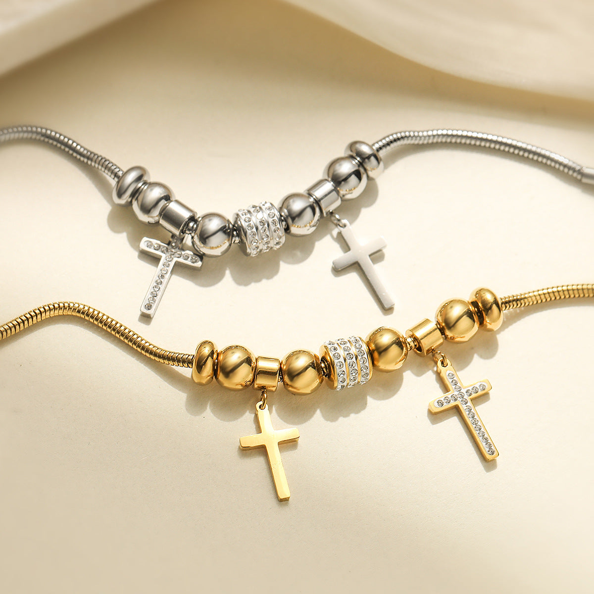 18K Gold Plated Stainless Steel Cross Bracelet with Cubic Zirconia for Women