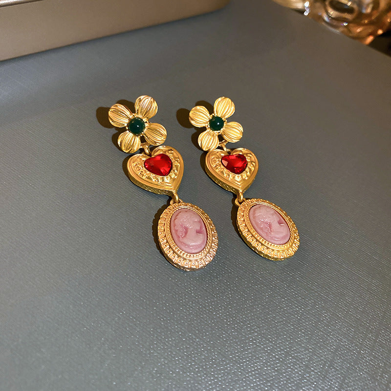 Pendientes de Ángel Retro Artísticos Ovalados con Incrustaciones de Pedrería para Mujer con Base de Cobre y Diseño Geométrico
