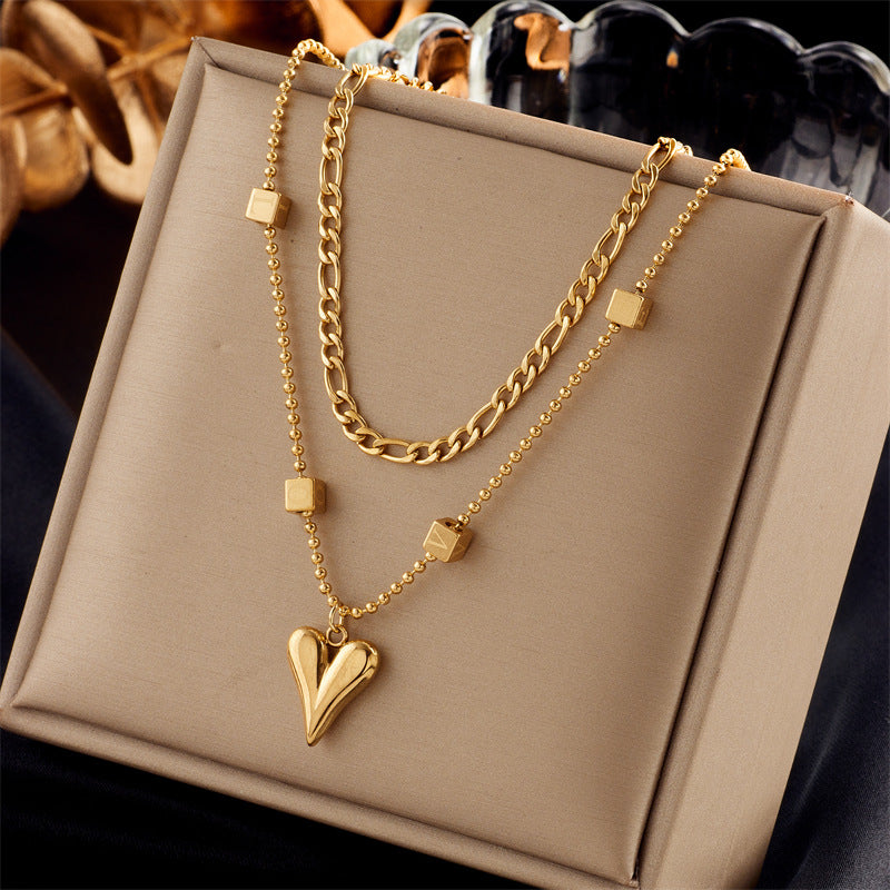 Vintage Luxury Gold Plated Heart Butterfly Round Stainless Steel Necklace with Pearl Multi-Layer