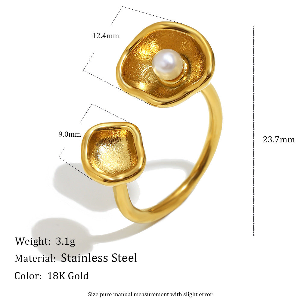 Anillo Abierto Geométrico Minimalista de Acero Inoxidable con Baño de Oro de 18K y Perlas para Mujer