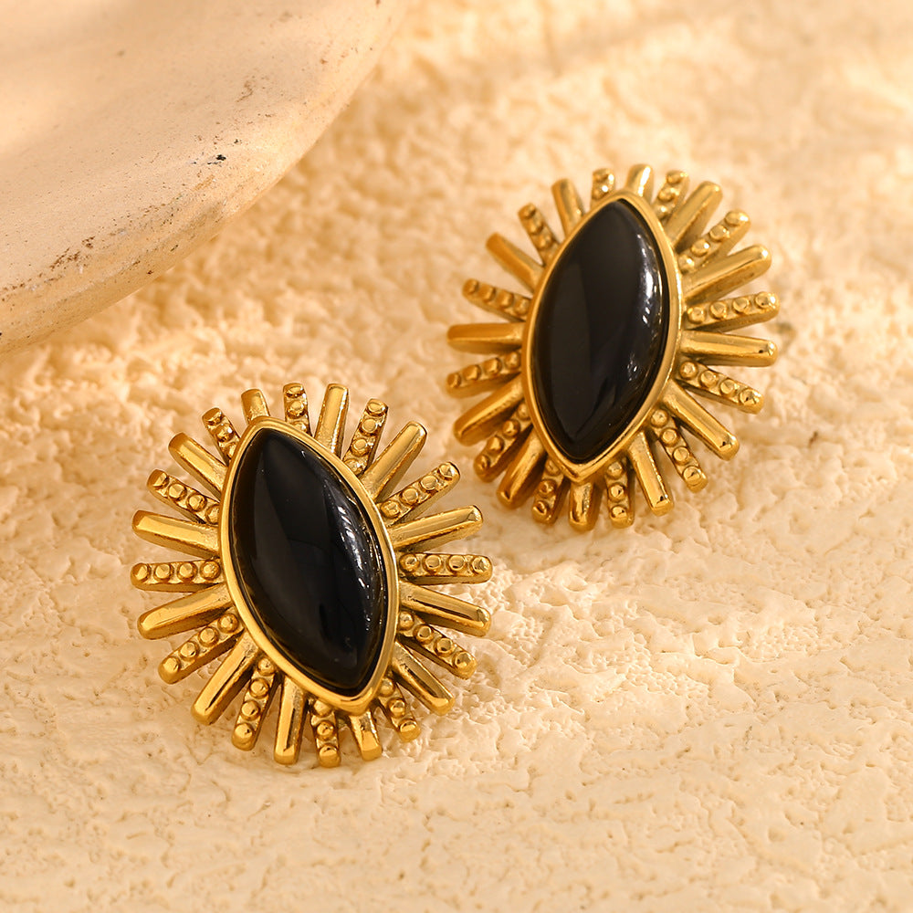 Orecchini a perno da donna con occhio geometrico in onice nero d'ispirazione vintage, in acciaio inossidabile placcato oro 18 carati