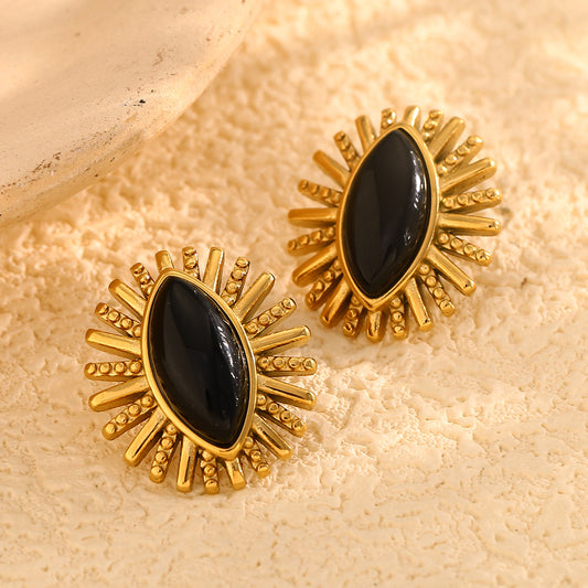 Orecchini a perno da donna con occhio geometrico in onice nero d'ispirazione vintage, in acciaio inossidabile placcato oro 18 carati