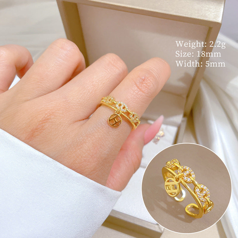 Minimalist Geometric Gold-Plated Brass Open Ring for Women with Crown Shape and Rhinestone Inlay
