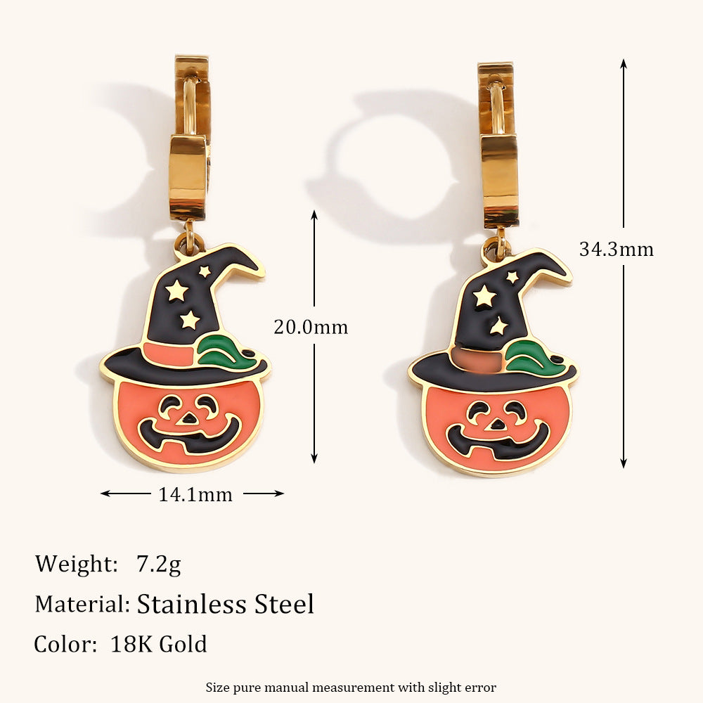 Orecchini a forma di teschio di zucca carini per Halloween in acciaio inossidabile con placcatura in oro 18 carati, design geometrico, stile ufficio alla moda