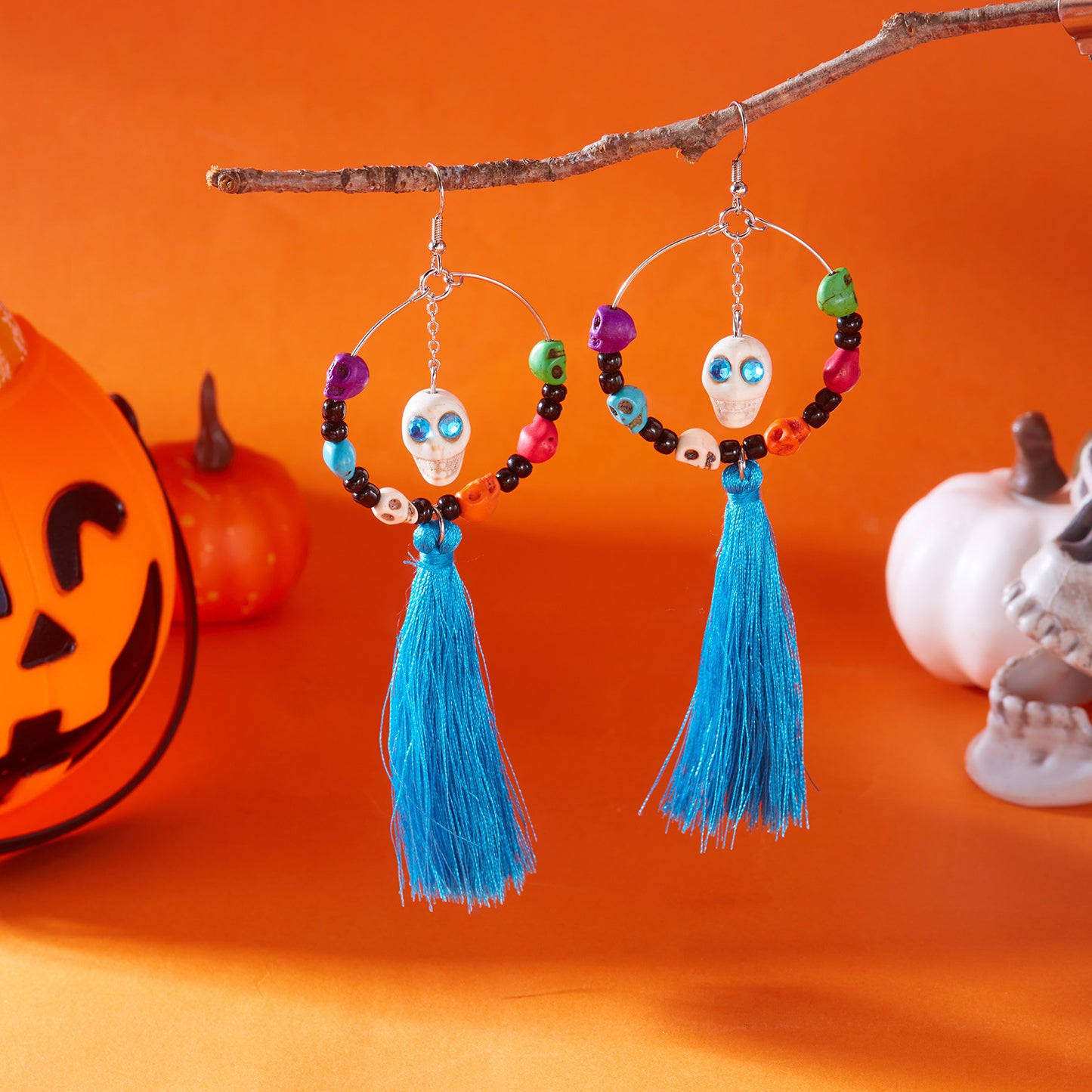 Pendientes de borla de calavera de Halloween para mujer, de aleación de zinc con acabado galvanizado