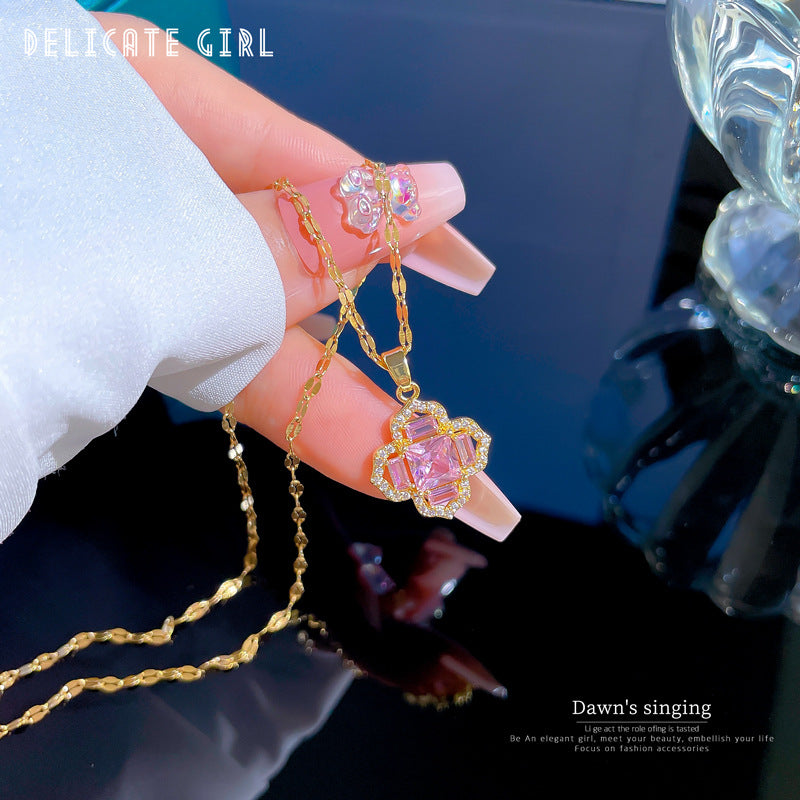 Elegant Floral-Shaped Titanium Steel Necklace with Micro-Paved Zirconia for Women, Delicate Clavicle Chain