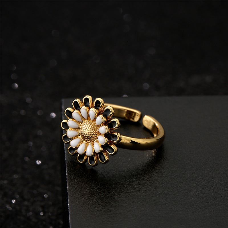 Fashion Geometric Floral Drip Oil Gold Plated Brass Sunflower Open Ring for Women