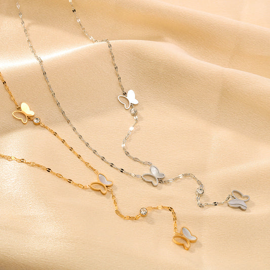 Minimalist Butterfly Pendant Necklace in Titanium Steel with 18K Gold Plating on O-Chain for Women