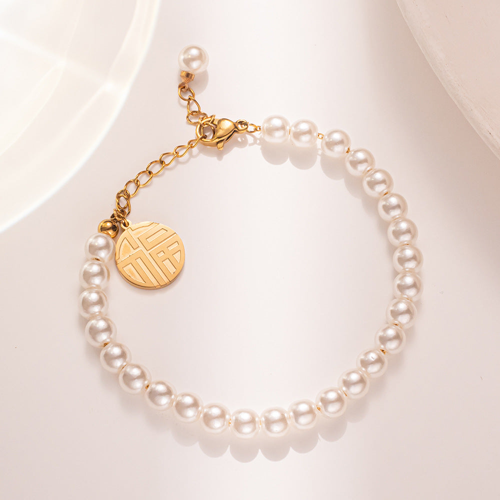 Pulsera de Perlas Geométrica de Lujo para Mujer con Acero de Titanio Bañado en Oro de 18K