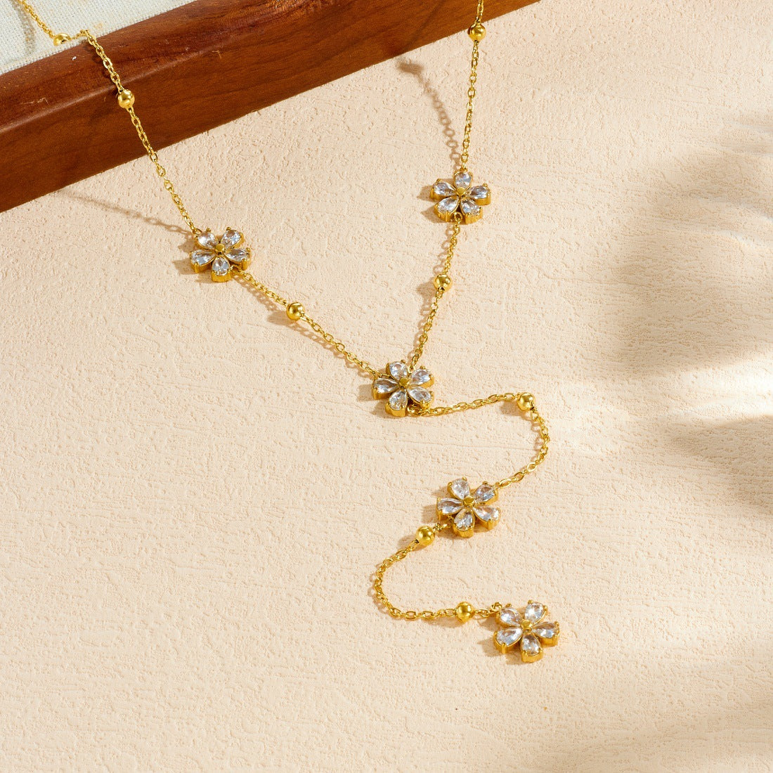 Minimalist Gold Plated Stainless Steel Floral Rhinestone Tassel Necklace for Women
