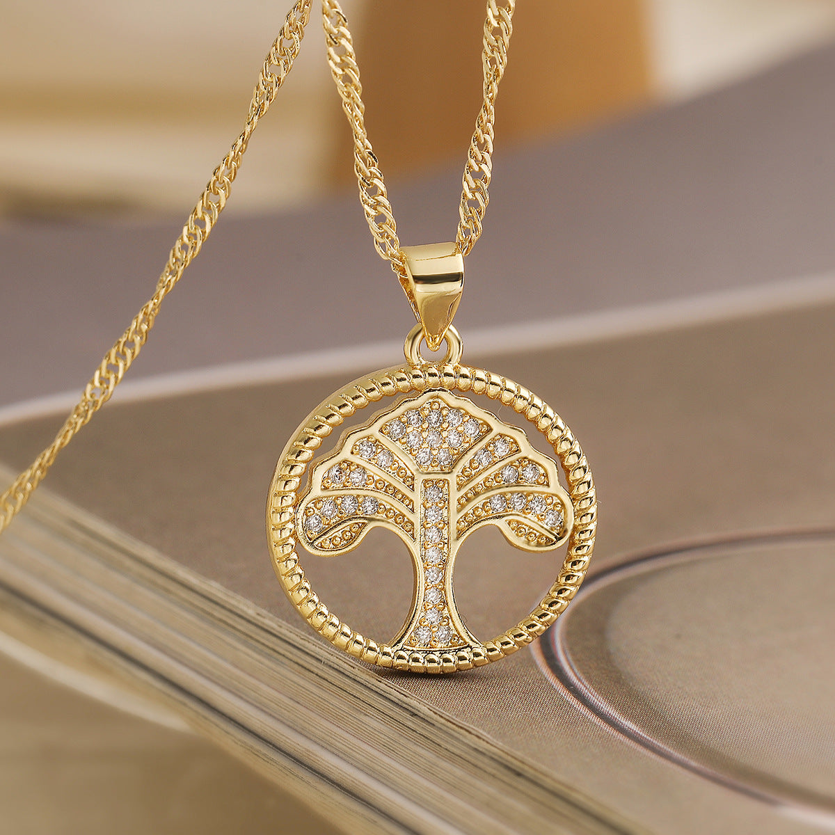 Minimalist Geometric Tree of Life Pendant Necklace in Copper with 18K Gold Plating and Zircon Accents