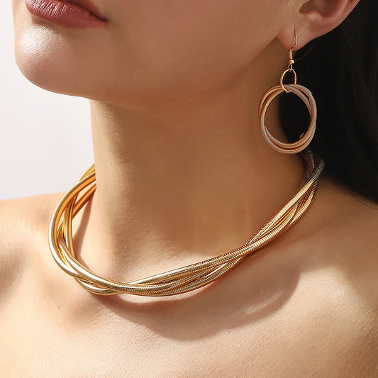 Punk Style Geometric Snake Chain Multi-Layer Three-Strand Interlocking Metal Necklace and Earrings Set with Plated Finish