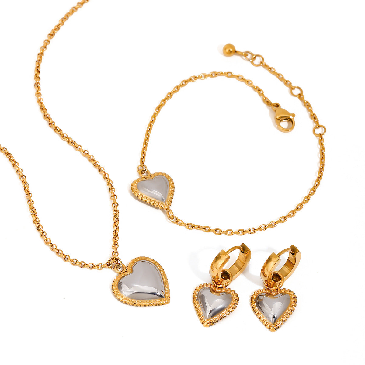 Minimalist Elegant Heart Stainless Steel and Titanium Steel Plated Necklace Earring Bracelet Set for Women
