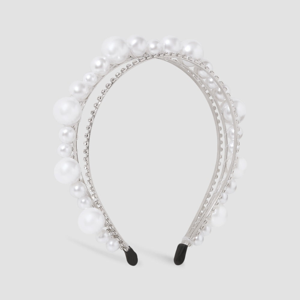 Vintage Geometric Hairband for Women Alloy Headband with Faux Pearl and Rhinestone Accents