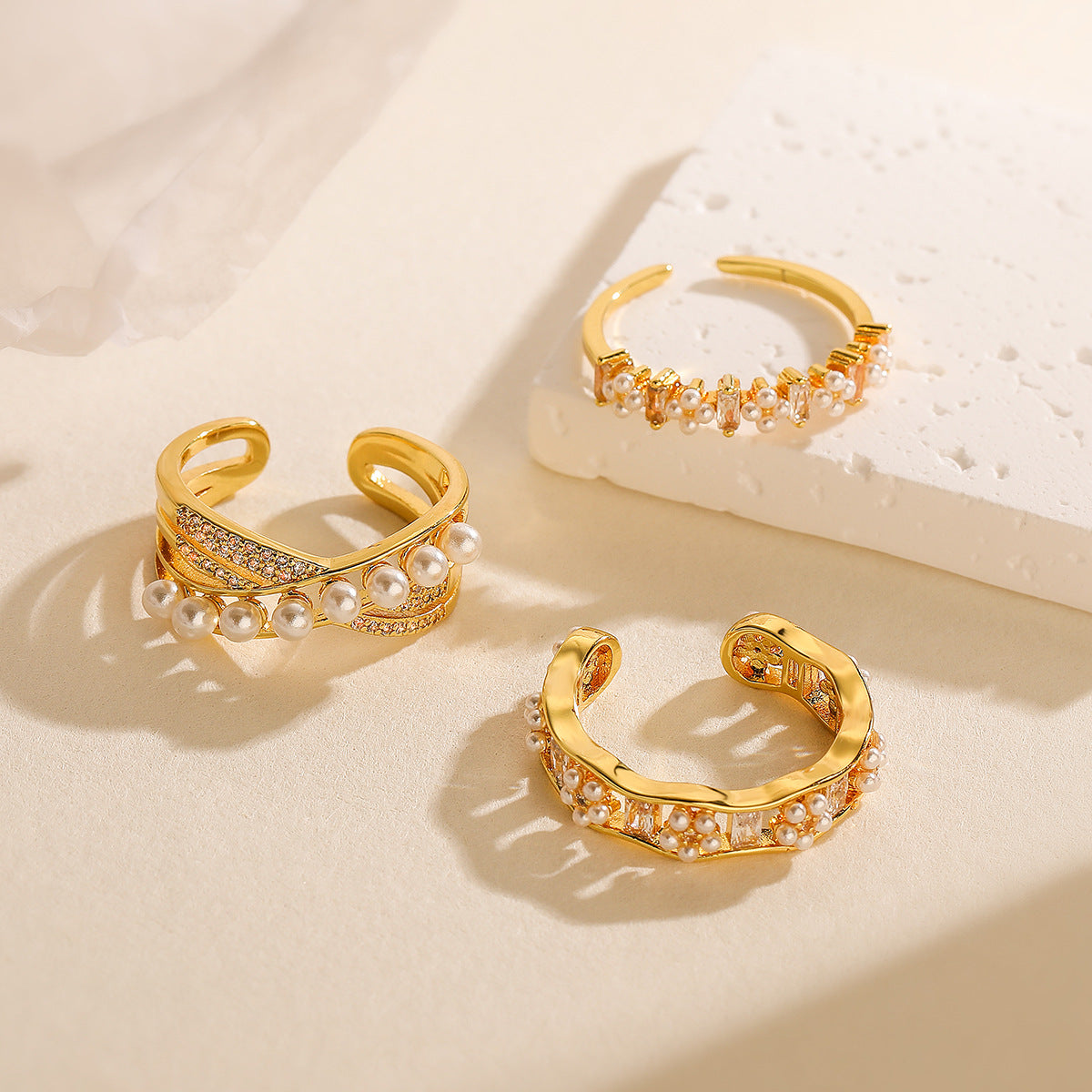 Minimalist Geometric Open Ring for Women Made of Brass with 18K Gold Plating, Zircon and Pearl Inlay