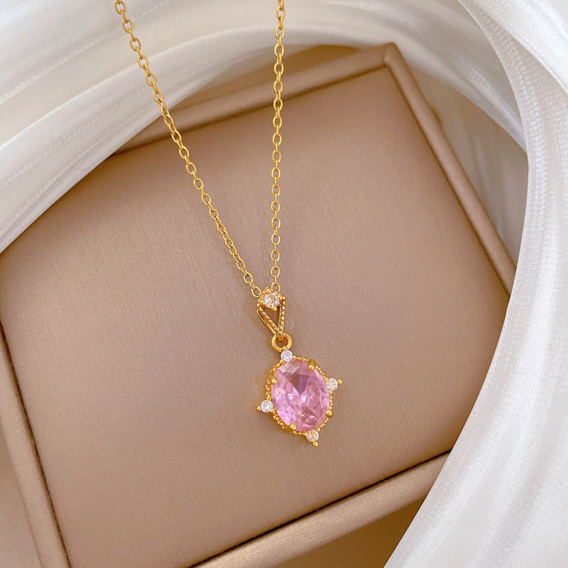 Collar de acero inoxidable con forma de rombo rosa para mujer, incrustaciones completas de diamantes de imitación, delicada cadena a la clavícula de estilo dulce y fresco