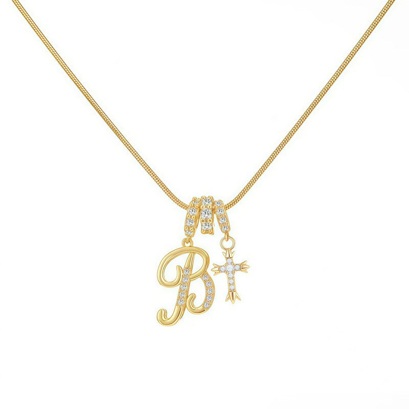 Sweet 22K Gold Plated Letter Titanium Steel Pendant Brass Cable Chain Necklace Unisex