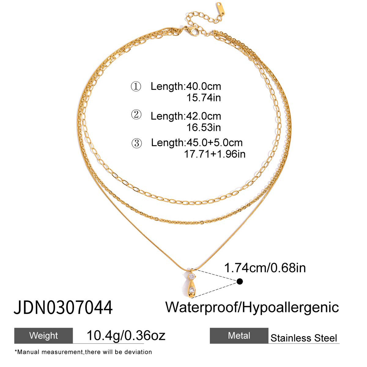 Collana da donna con ciondolo a tre strati in zirconi, in acciaio al titanio stile geometrico e finitura placcata