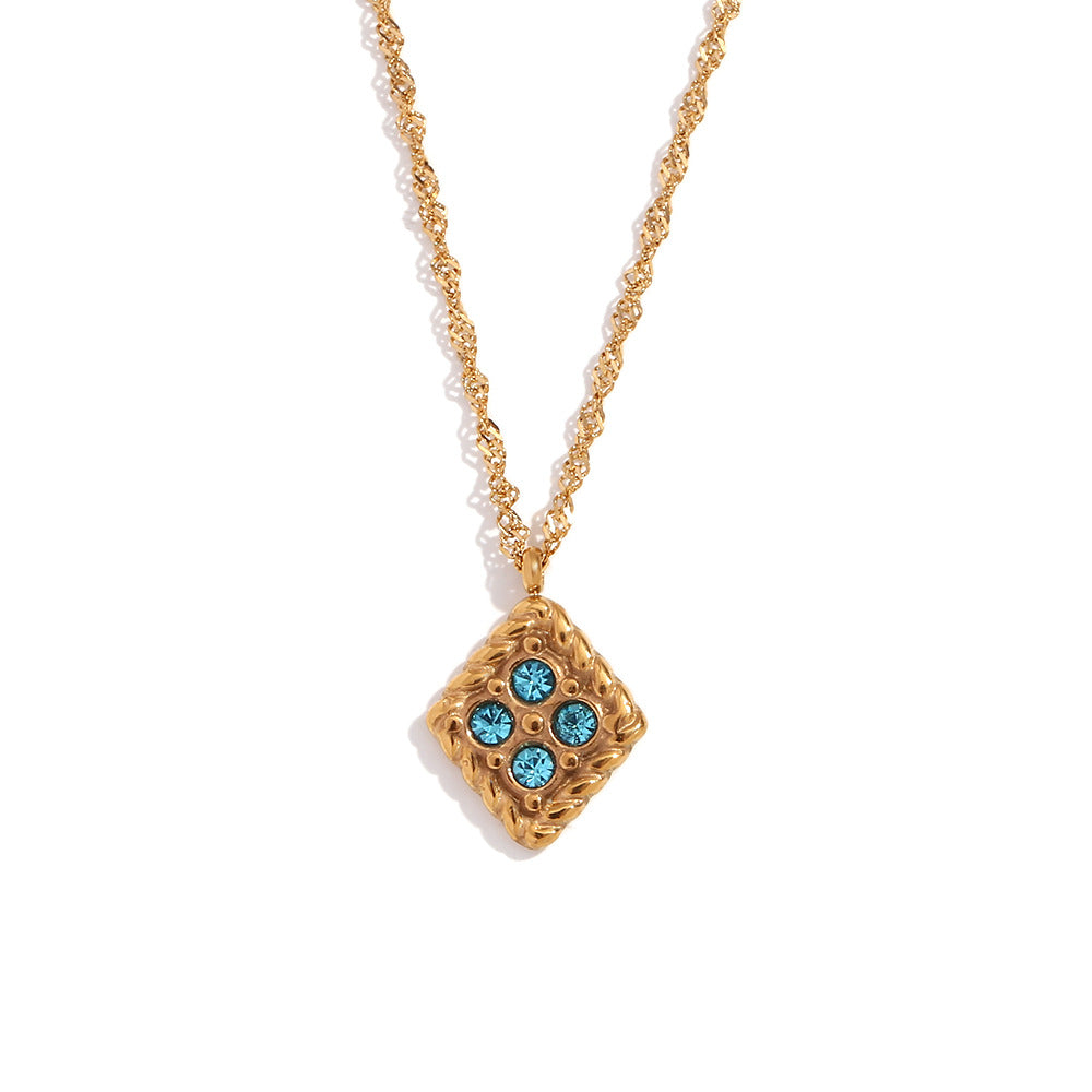Minimalist Geometric Rhombus Pendant Necklace in Stainless Steel with 18K Gold Plating and Four Rhinestones for Women