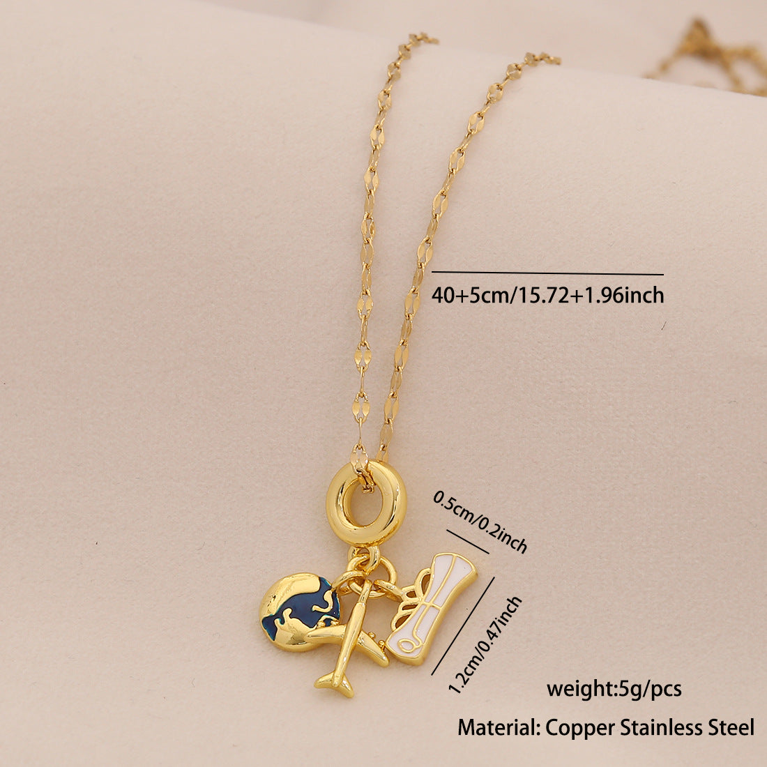 Collana con ciondolo aereo e mappamondo vintage in acciaio inossidabile con finitura smaltata