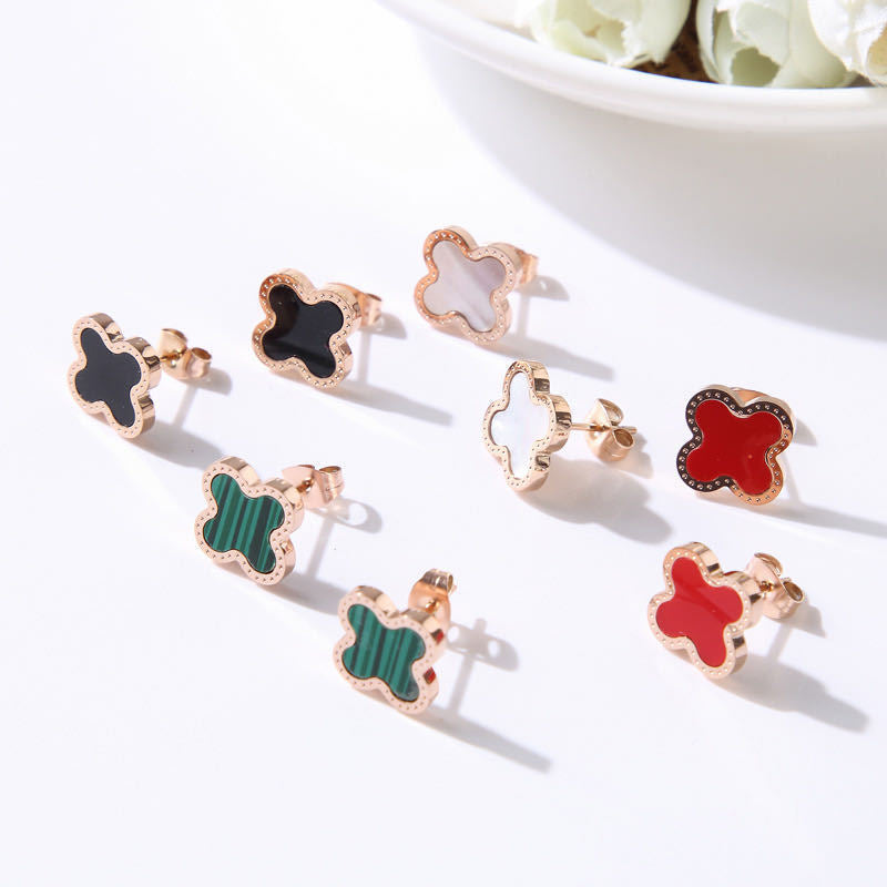 Classic Four-Leaf Clover Titanium Steel Stud Earrings for Women Hypoallergenic Plated Finish