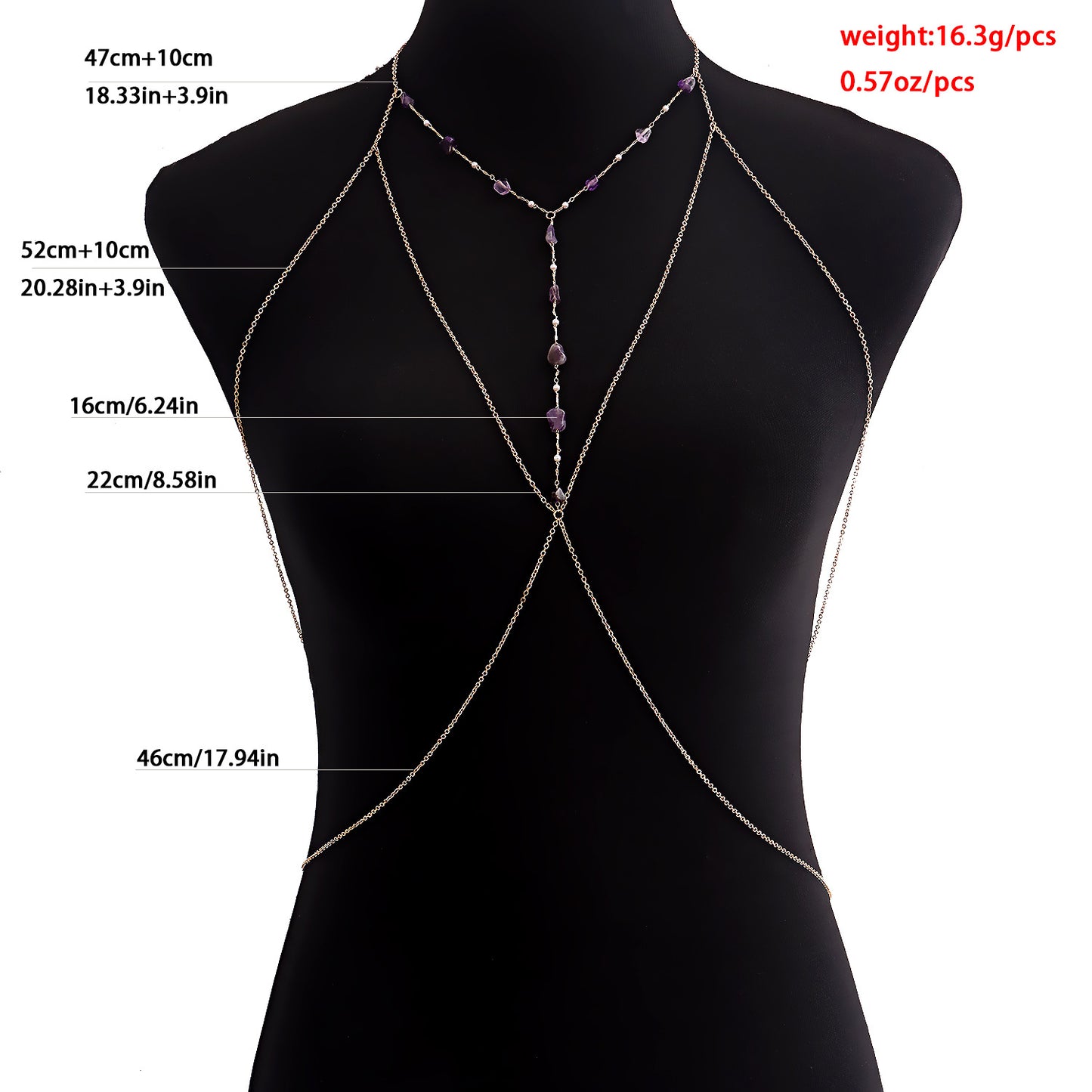 Collana a catena da corpo in turchese e viola minimalista da donna in lega placcata con finitura lucida