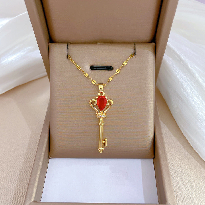 Luxury Titanium Steel Crown Pendant Necklace with Rhinestone Inlay Geometric Design for Women and Men Adjustable Locket Chain